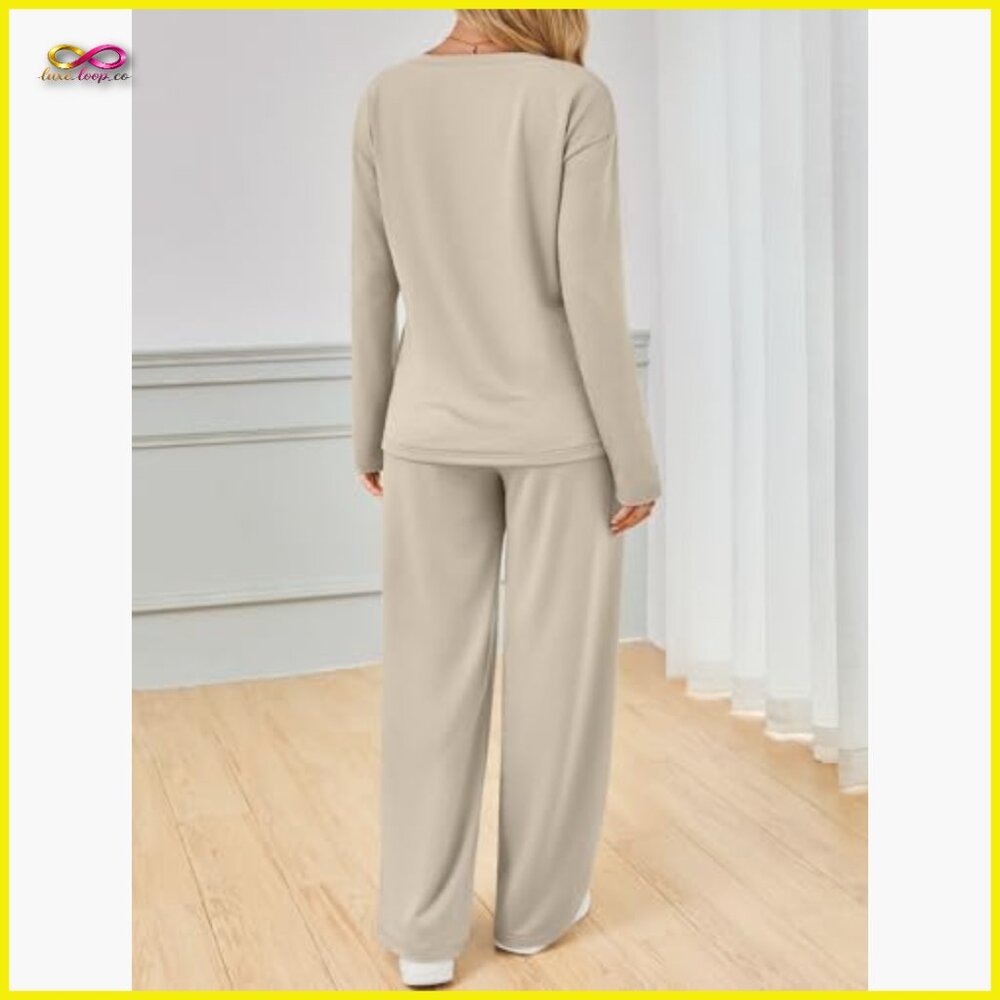 V-Neck Tracksuit Set Wide Leg Pants Lounge Athleisure Travel Outfit Comfortable - Picture 4 of 5